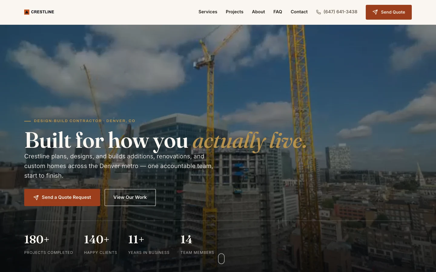 Homepage of the Crestline Construction construction & renovation website designed by Vizaura