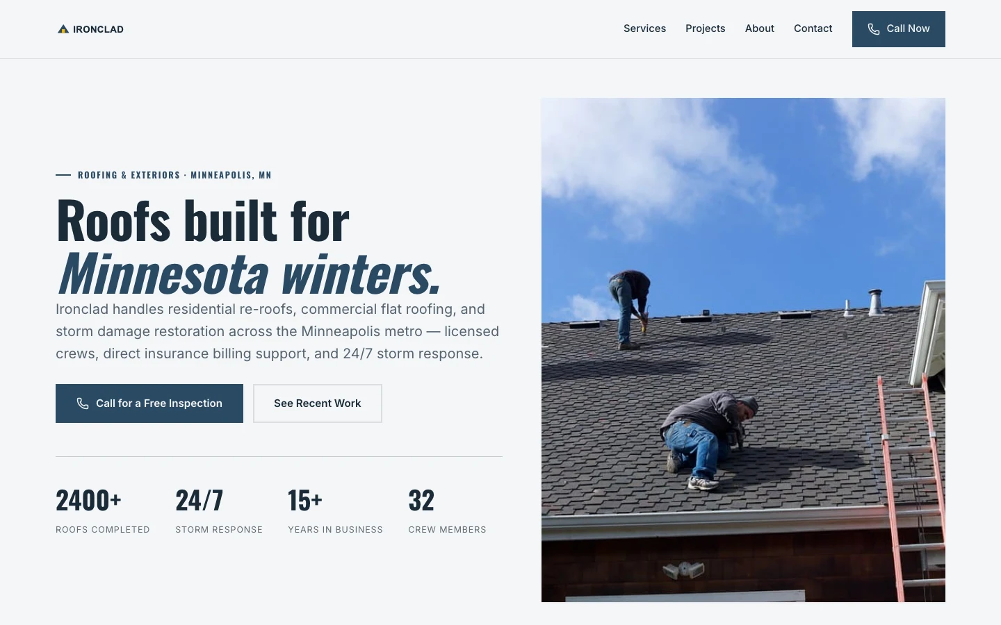 Homepage of the Ironclad Roofing & Exteriors roofing website designed by Vizaura