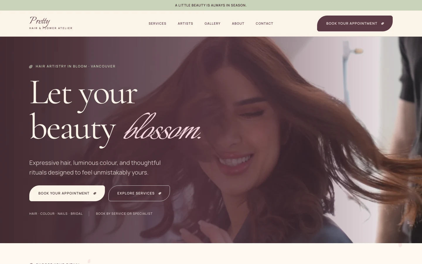 Homepage of the Pretty Hair & Flower Atelier salon website designed by Vizaura